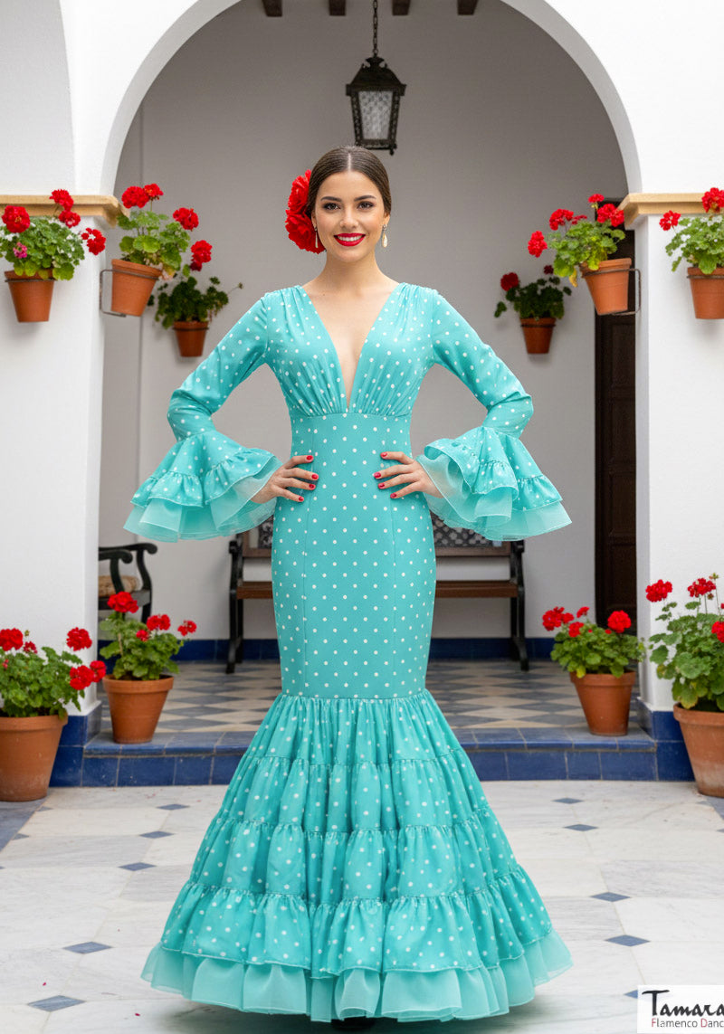 Traje de flamenca Poderío verde agua lunares blancos