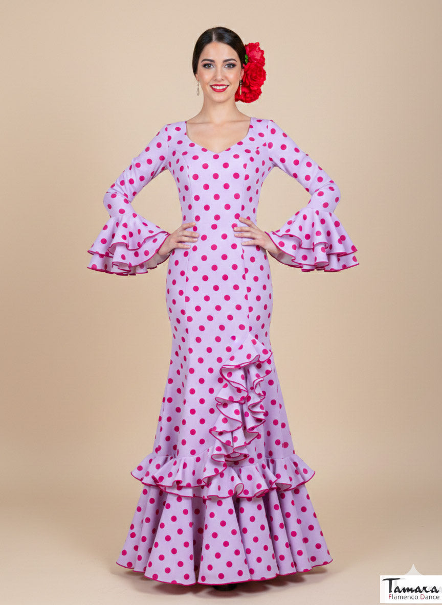 Traje de flamenca Jazmin malva lunares bougambilla