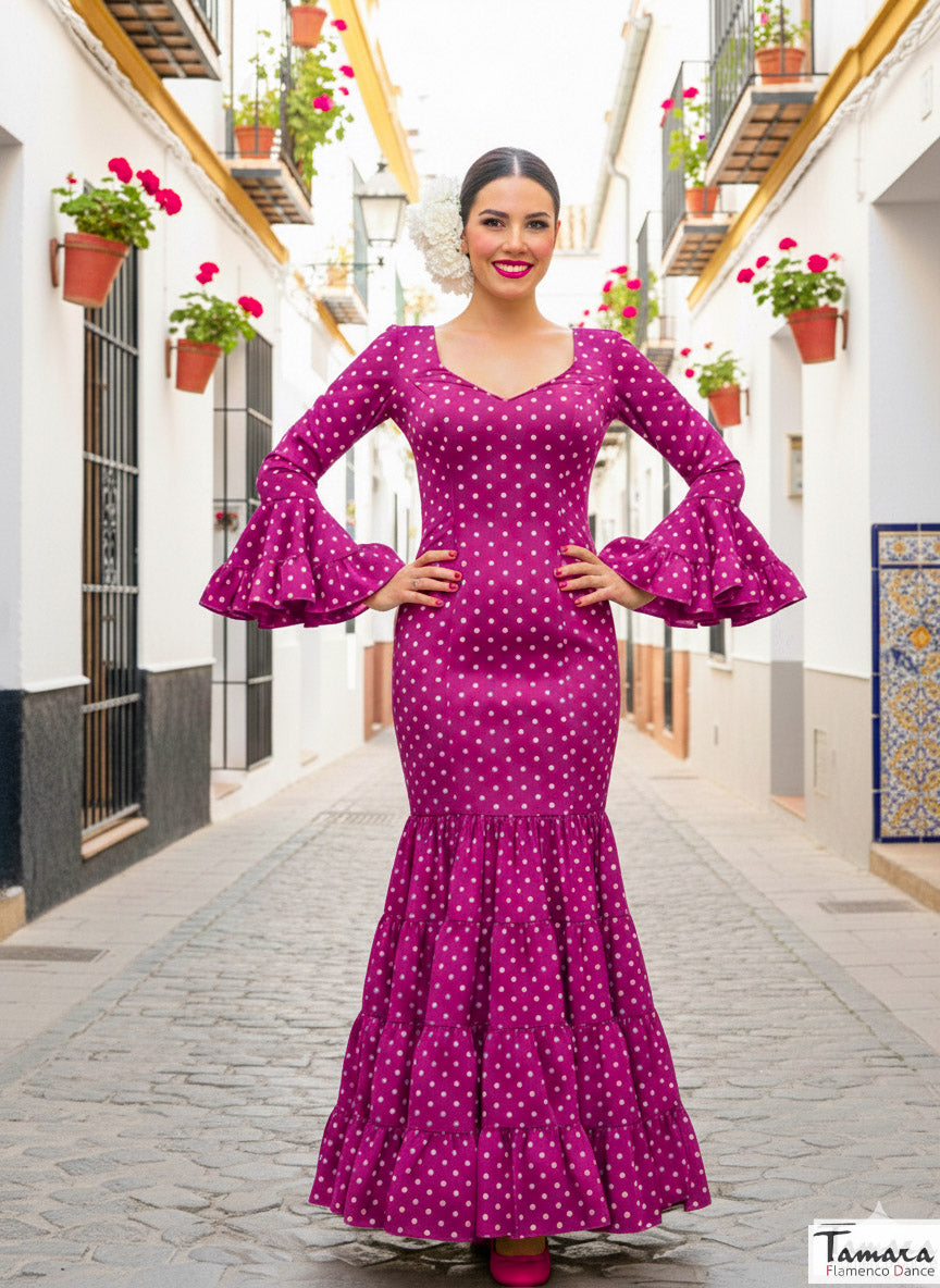 Traje de flamenca Selena Bougambilla lunares blancos