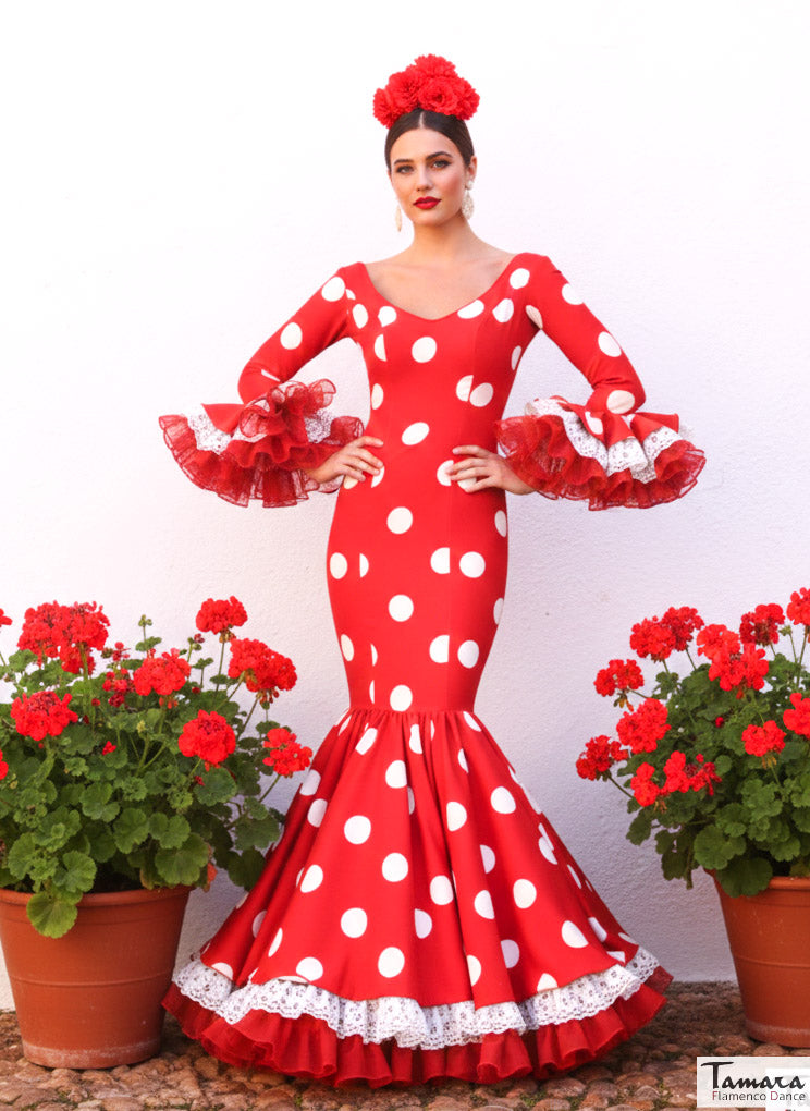 Traje de flamenca Maestranza rojo lunares blancos
