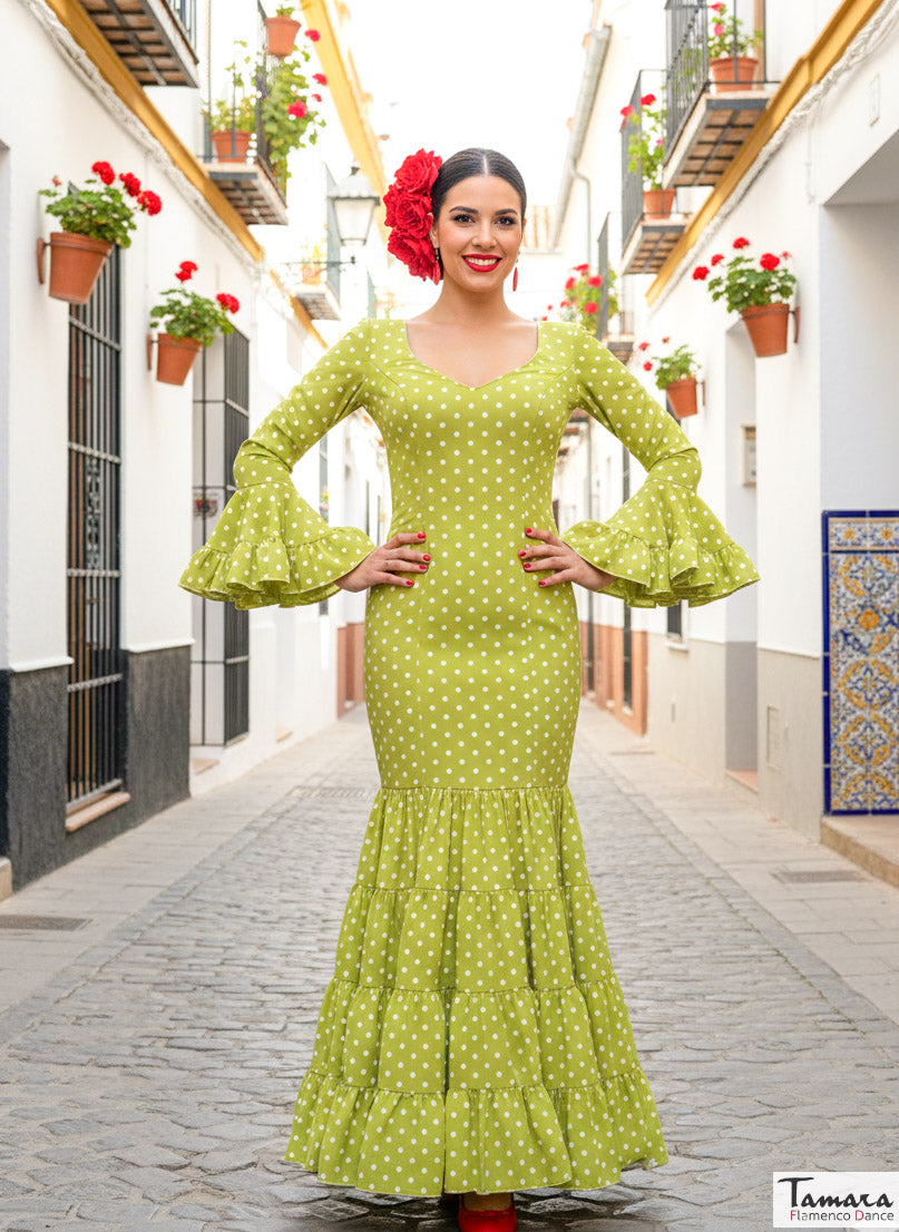 Traje de flamenca Selena Verde lima lunares