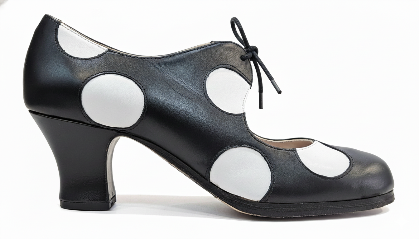 Zapatos de flamenco Cordonera Lunares Negro lunares blancos Carrete 6cm