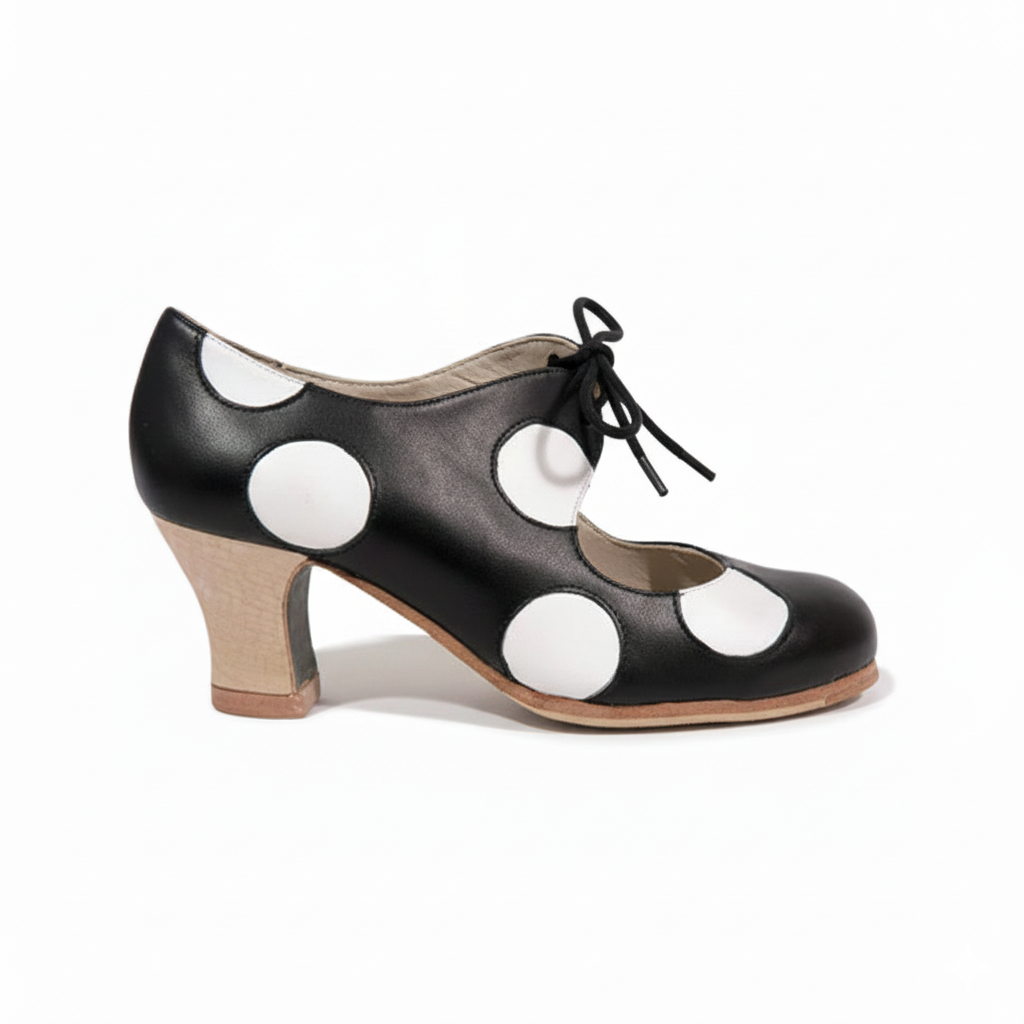 Zapatos de flamenco Cordonera Lunares Negro lunares blancos Carrete 6cm Madera
