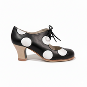 Zapatos de flamenco Cordonera Lunares Negro lunares blancos Carrete 6cm Madera