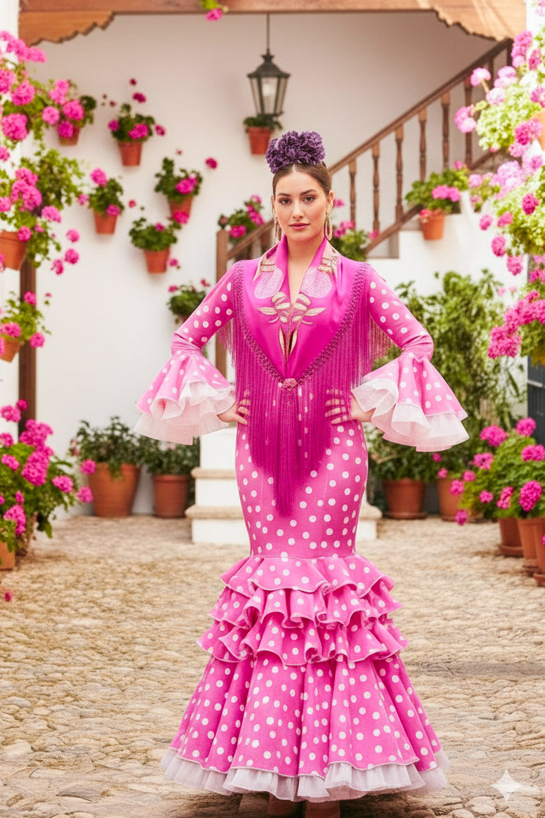 Traje de flamenca Clavellina Fuxia lunares blancos