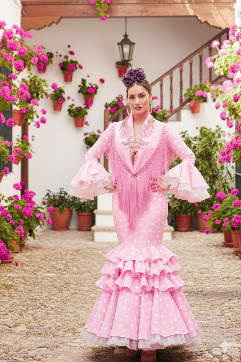 Traje de flamenca Clavellina Rosa lunares blancos