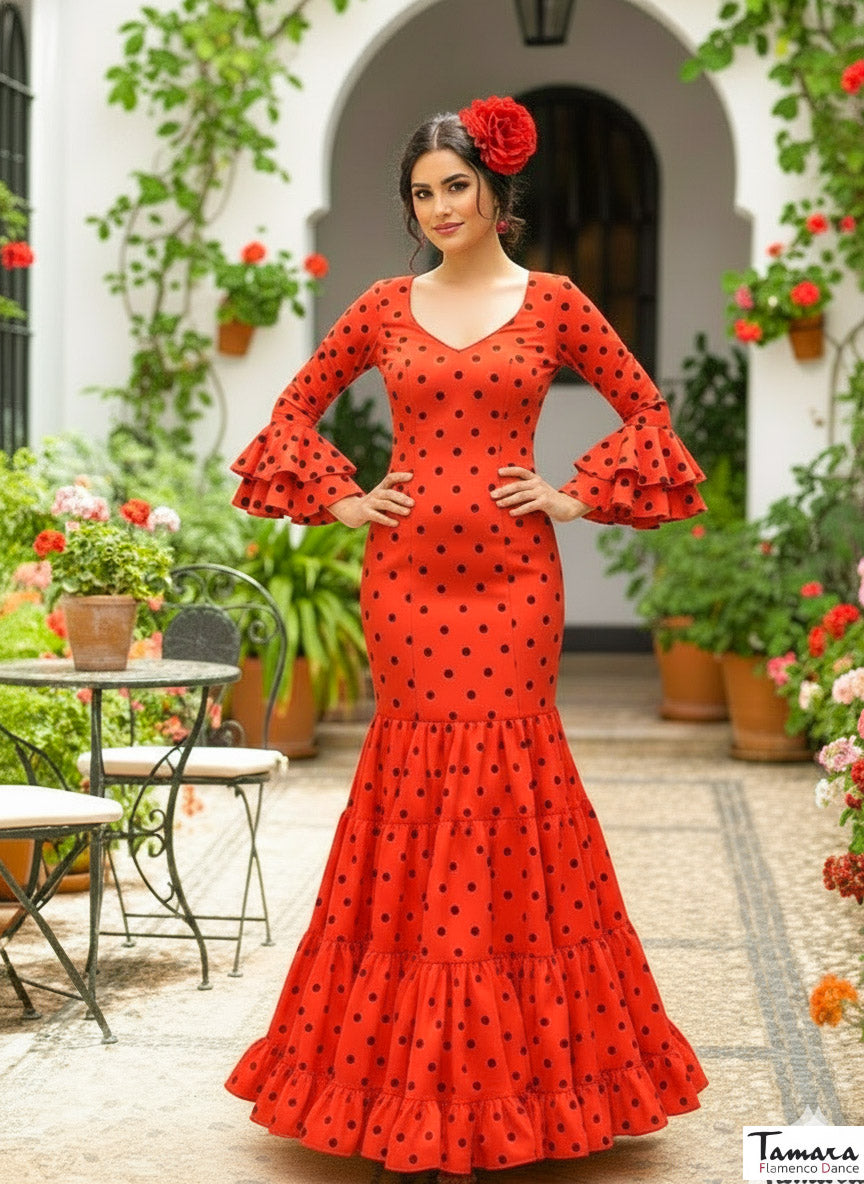 Traje de flamenca Evelina Rojo lunares negros