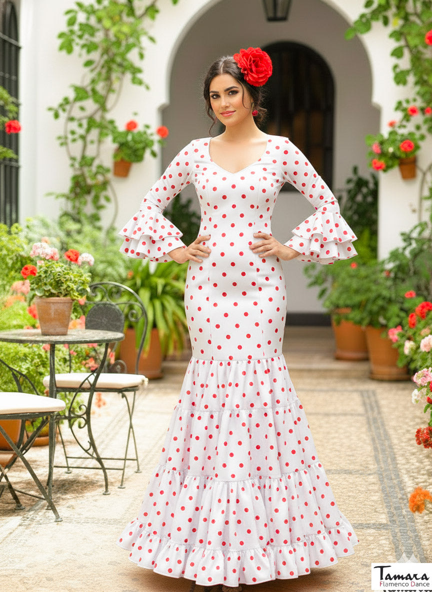 Traje de flamenca Evelina Blanco lunares rojos