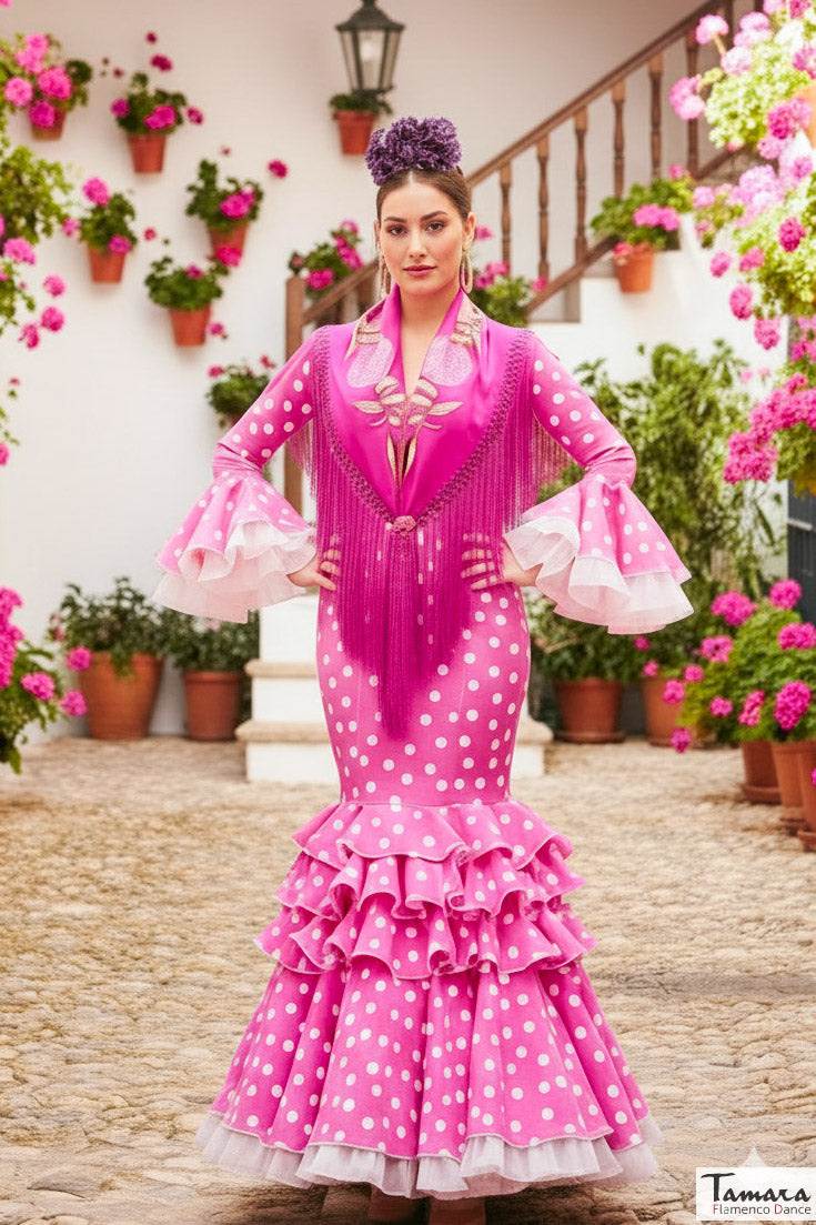 Traje de flamenca Clavellina Fuxia lunares blancos