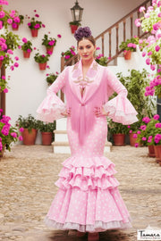 Traje de flamenca Clavellina Rosa lunares blancos