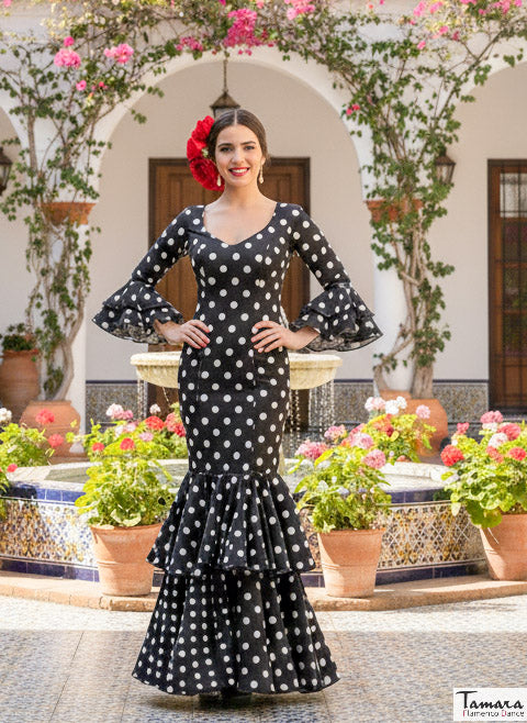 Traje de flamenca Lola Negro lunar blanco