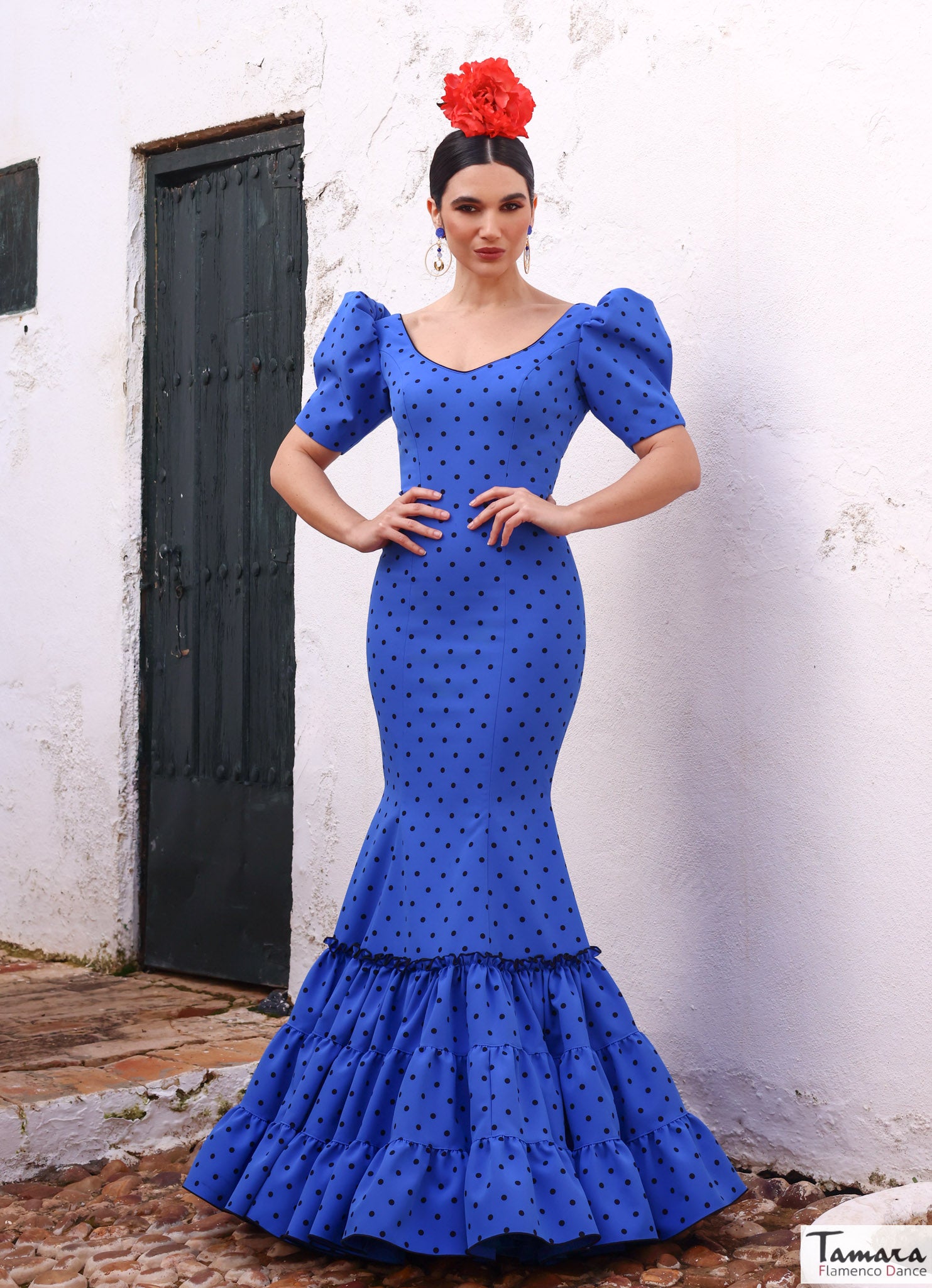 Traje de flamenca Hispalis azul lunares azules