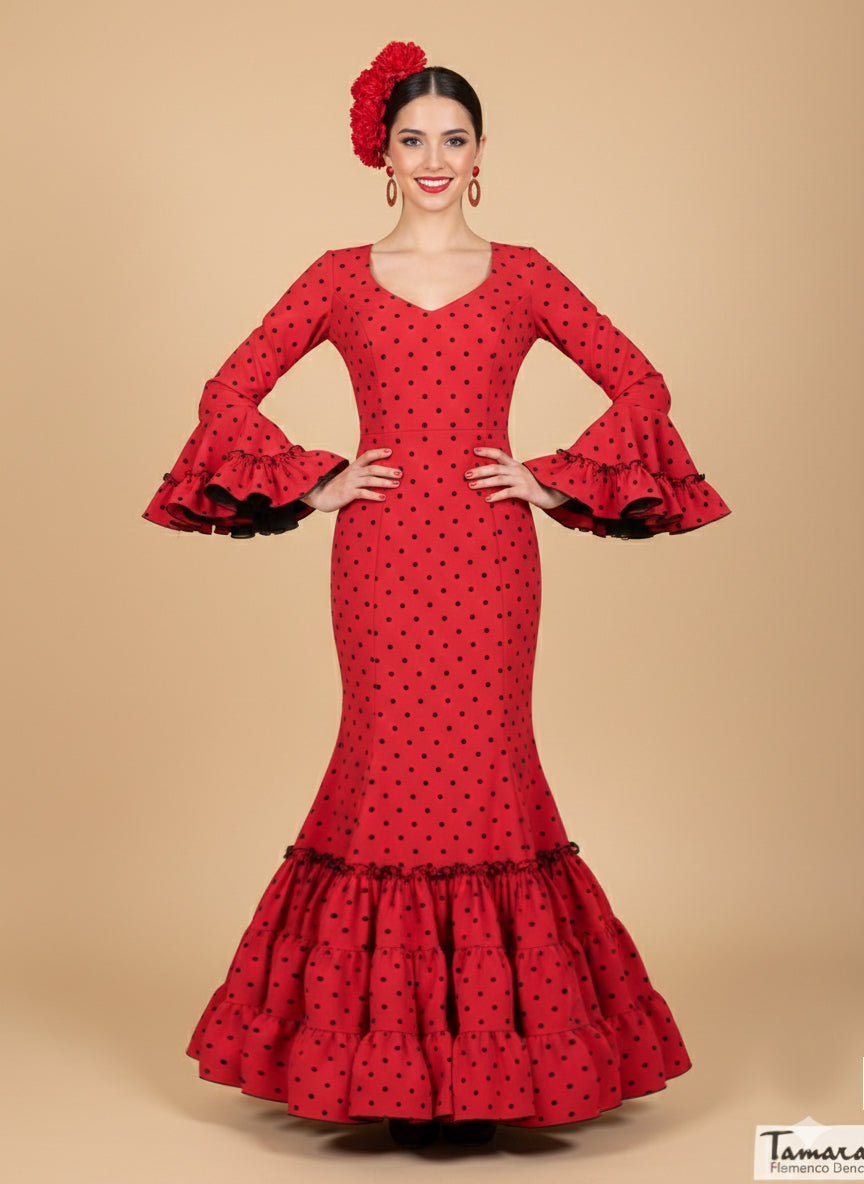 Traje de flamenca Hispalis rojo lunares negros