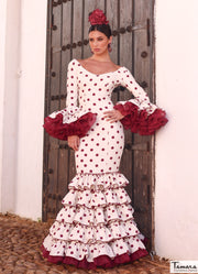 Traje de flamenca Italica marfil lunares burdeos