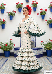 Traje de flamenca Italica marfil lunares verde botella