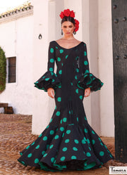 Traje de flamenca con flecos Luna negro con lunares