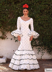 Traje de flamenca Verónica blanco lunares negros