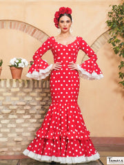 Traje de flamenca Rosal Rojo lunares blancos