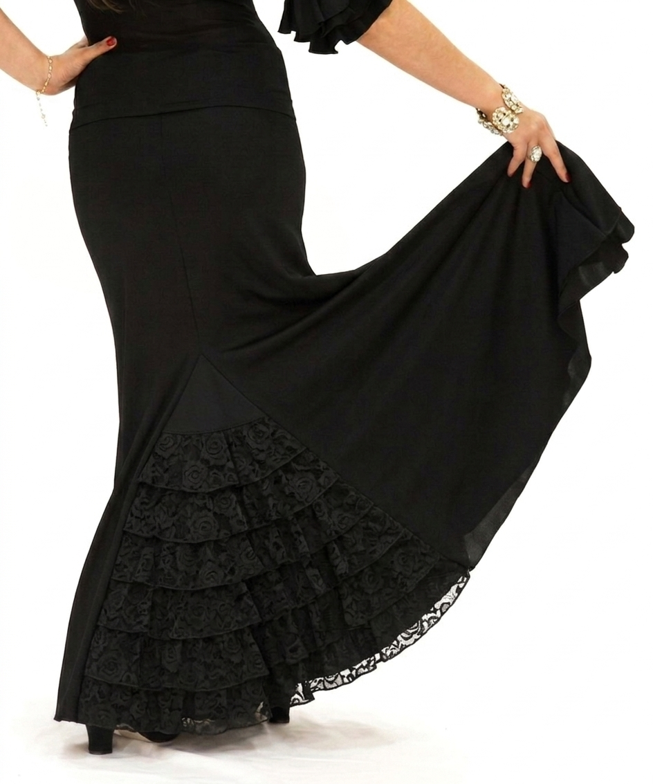 Falda flamenco Almería - Punto elástico con volante encaje Negro