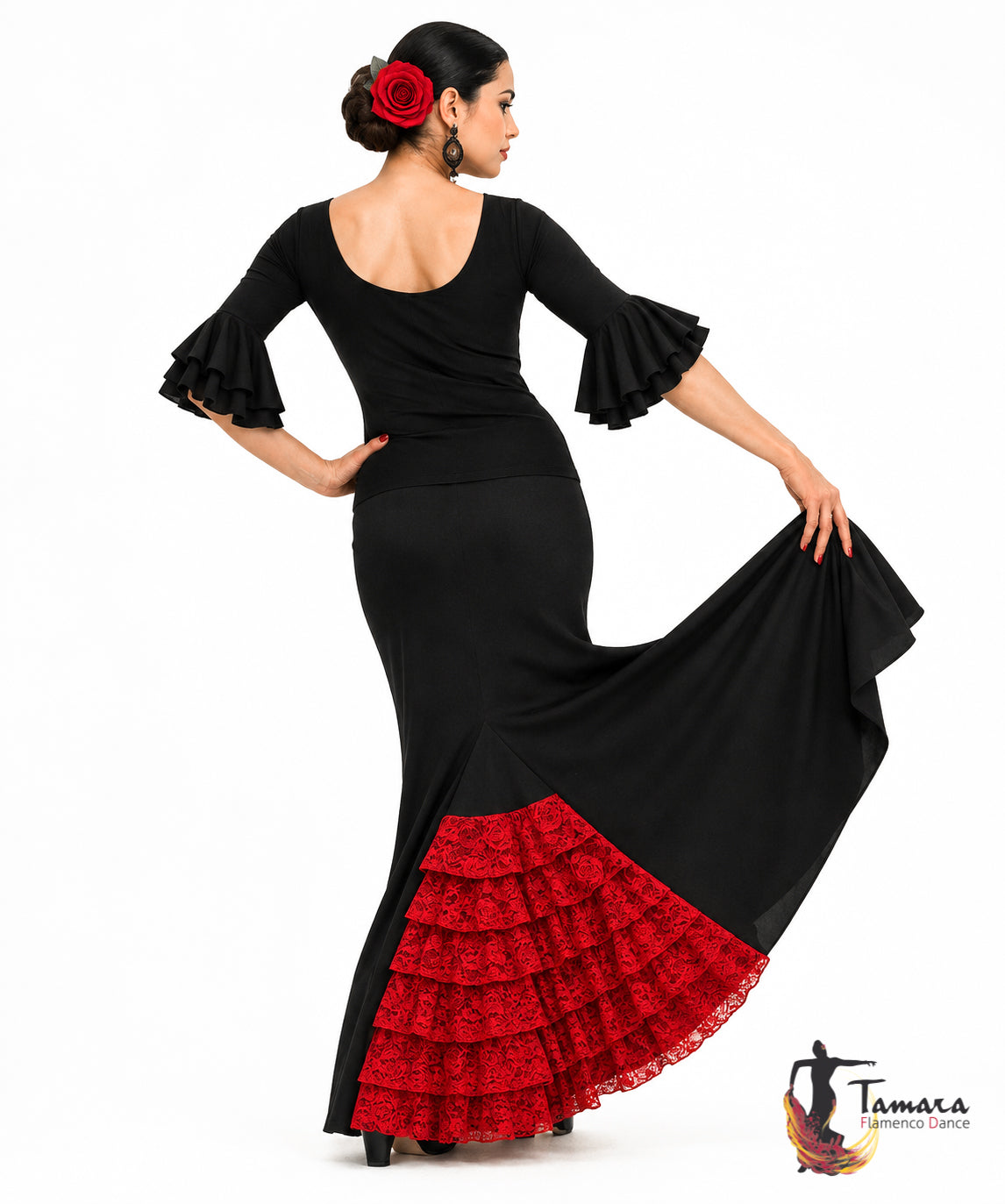 Falda flamenco Almería - Punto elástico con volante encaje Negro-Rojo
