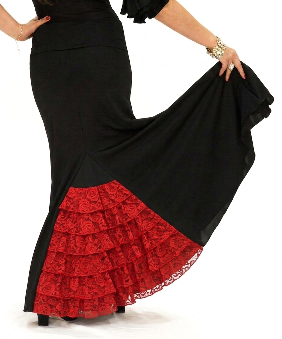 Falda flamenco Almería - Punto elástico con volante encaje Negro-Rojo