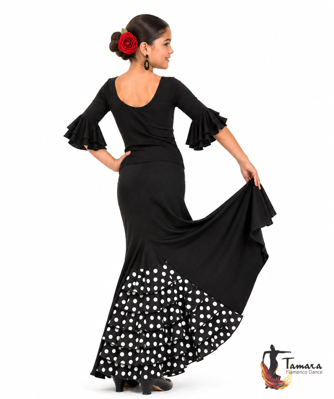 Falda flamenco Almería lunares niña - Punto elástico Negro lunar blanco
