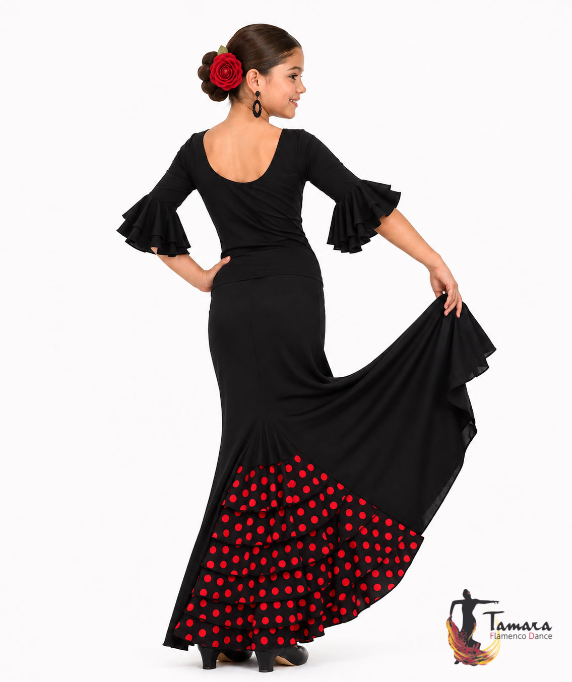 Falda flamenco Almería lunares niña - Punto elástico Negro lunares rojos