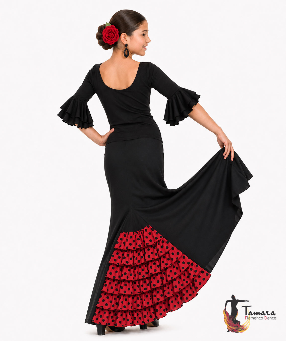 Falda flamenco Almería lunares niña - Punto elástico Rojo con lunares negros