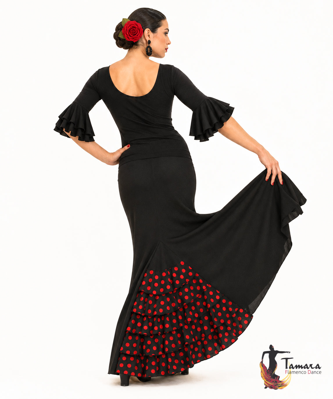 Falda flamenco Almería lunares - Punto elástico Negro lunares rojos