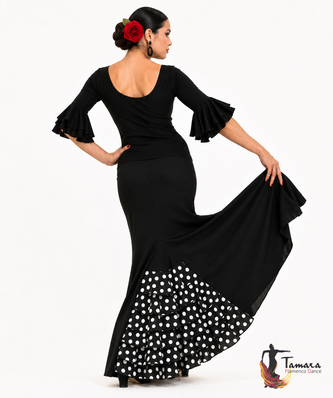 Falda flamenco Almería lunares - Punto elástico Negro lunar blanco