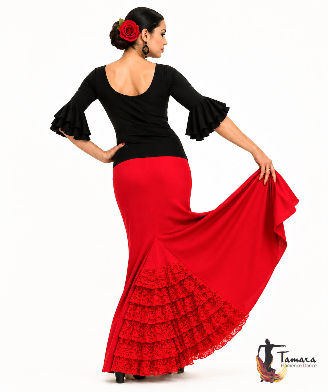 Falda flamenco Almería - Punto elástico con volante encaje Rojo