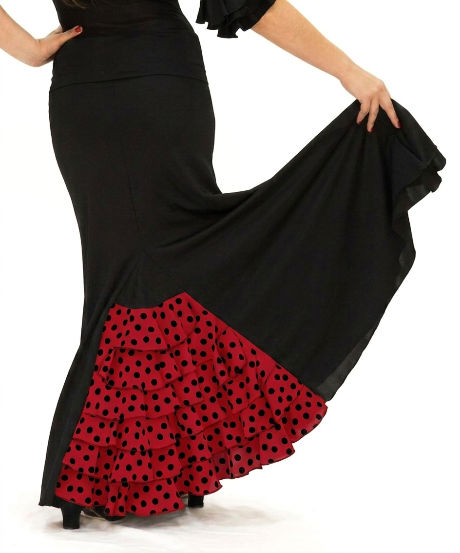 Falda flamenco Almería lunares - Punto elástico Rojo con lunares negros