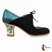 Zapato flamenco Arty Carrete 6cm Negro-Aguamarina Claveles