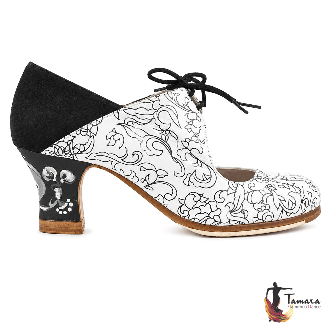 Arty flamenco shoes, white floral leather, black suede, 6cm spool heel, painted