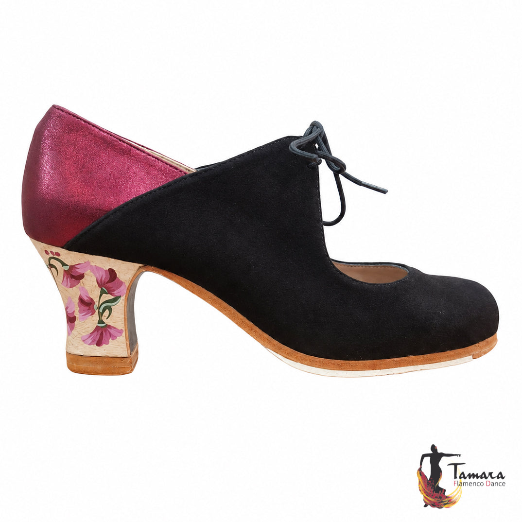 Zapato flamenco Arty Carrete 6cm Negro-Burdeos Claveles