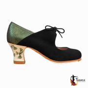 Zapatos de flamenco Arty Carrete 6cm Negro-Oliva Claveles