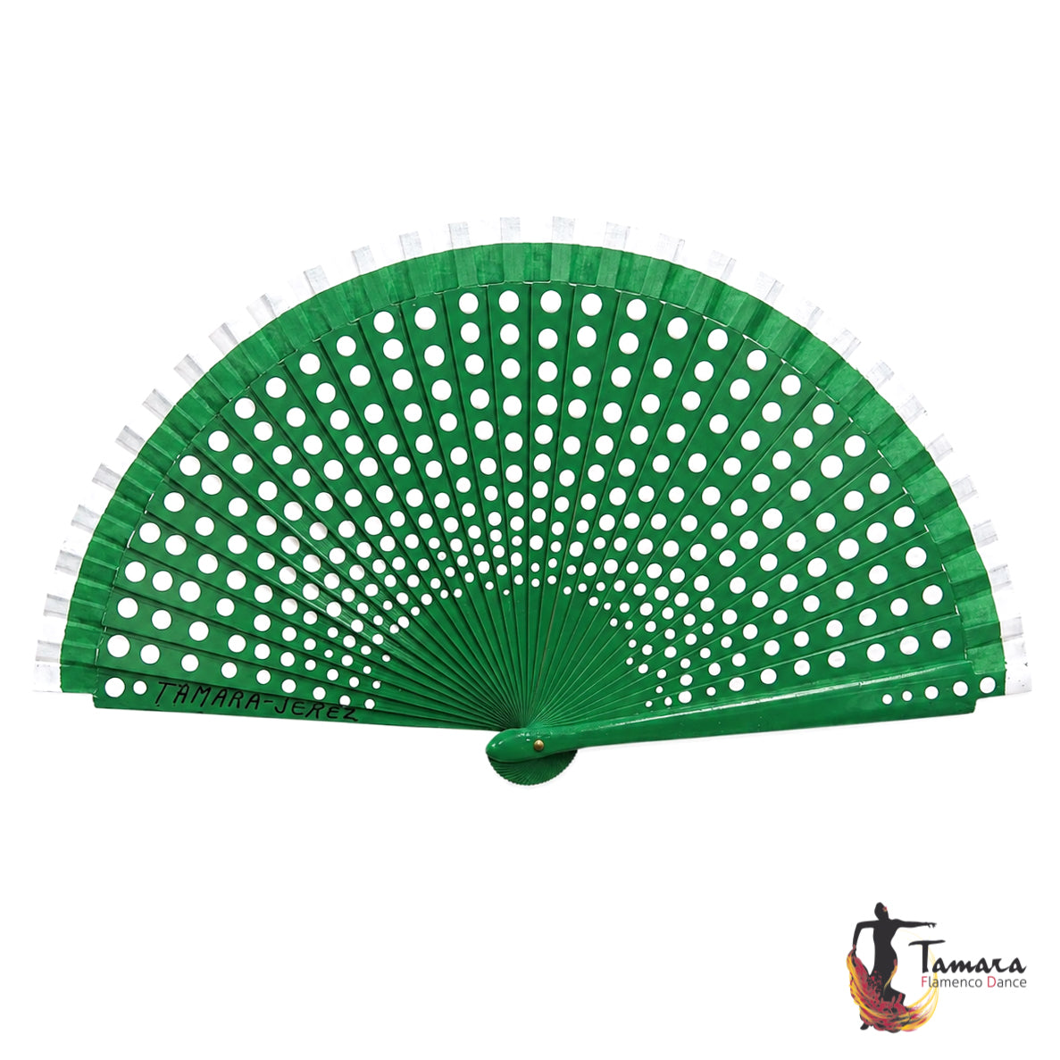 Abanico flamenco (19 cm) - Lunares blancos pintado a mano Verde Andalucia
