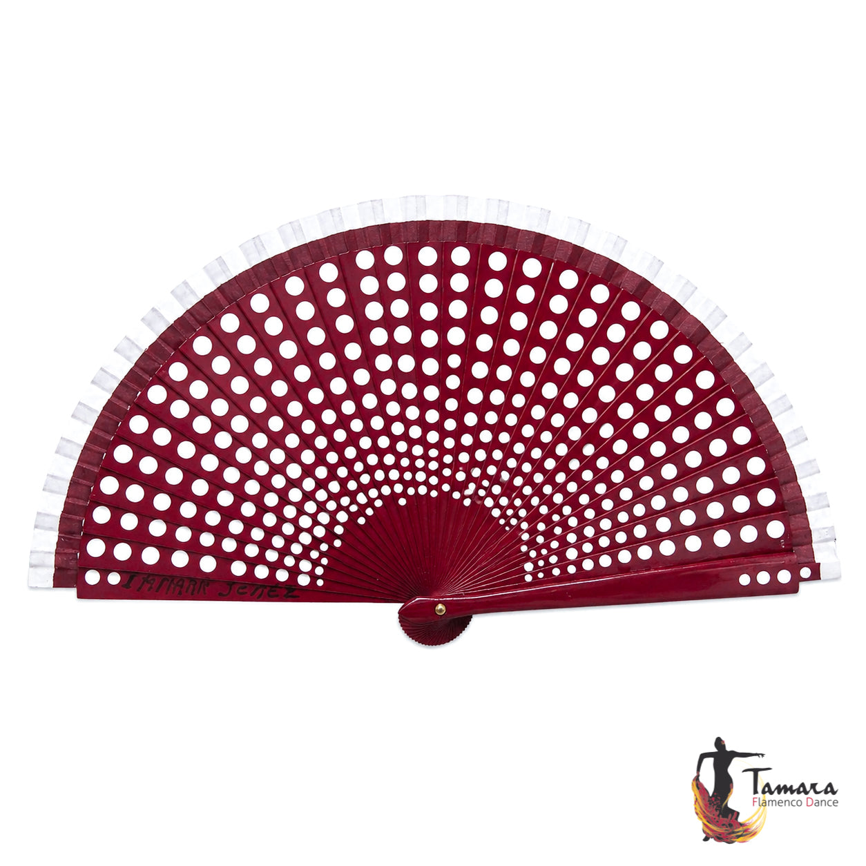 Abanico flamenco (19 cm) - Lunares blancos pintado a mano Burdeos