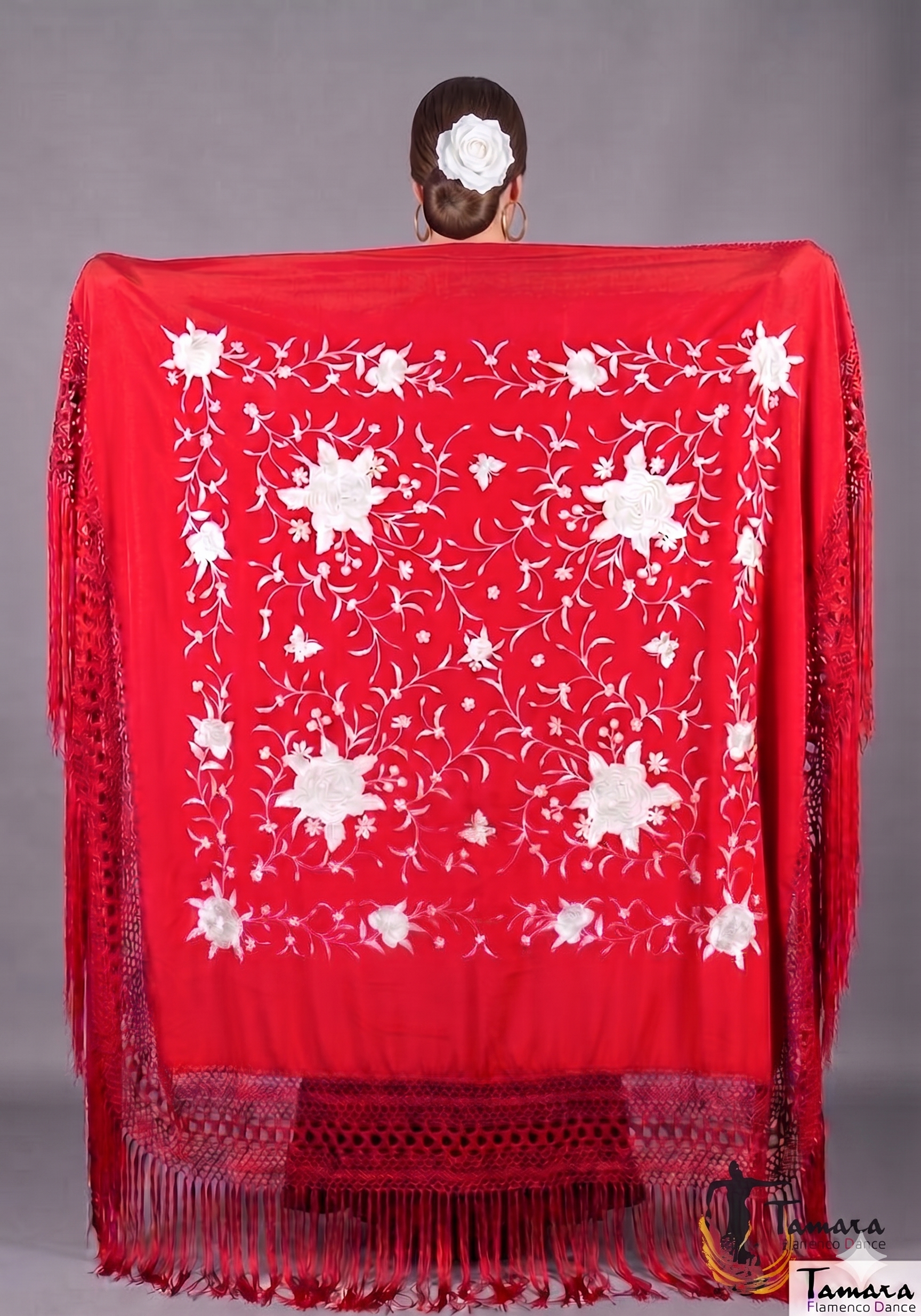 Manton de Manila Primaveral - Bordado Blanco Rojo
