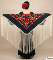 Mantoncillo Verona Fleco Marfil - Bordado Multicolor Negro