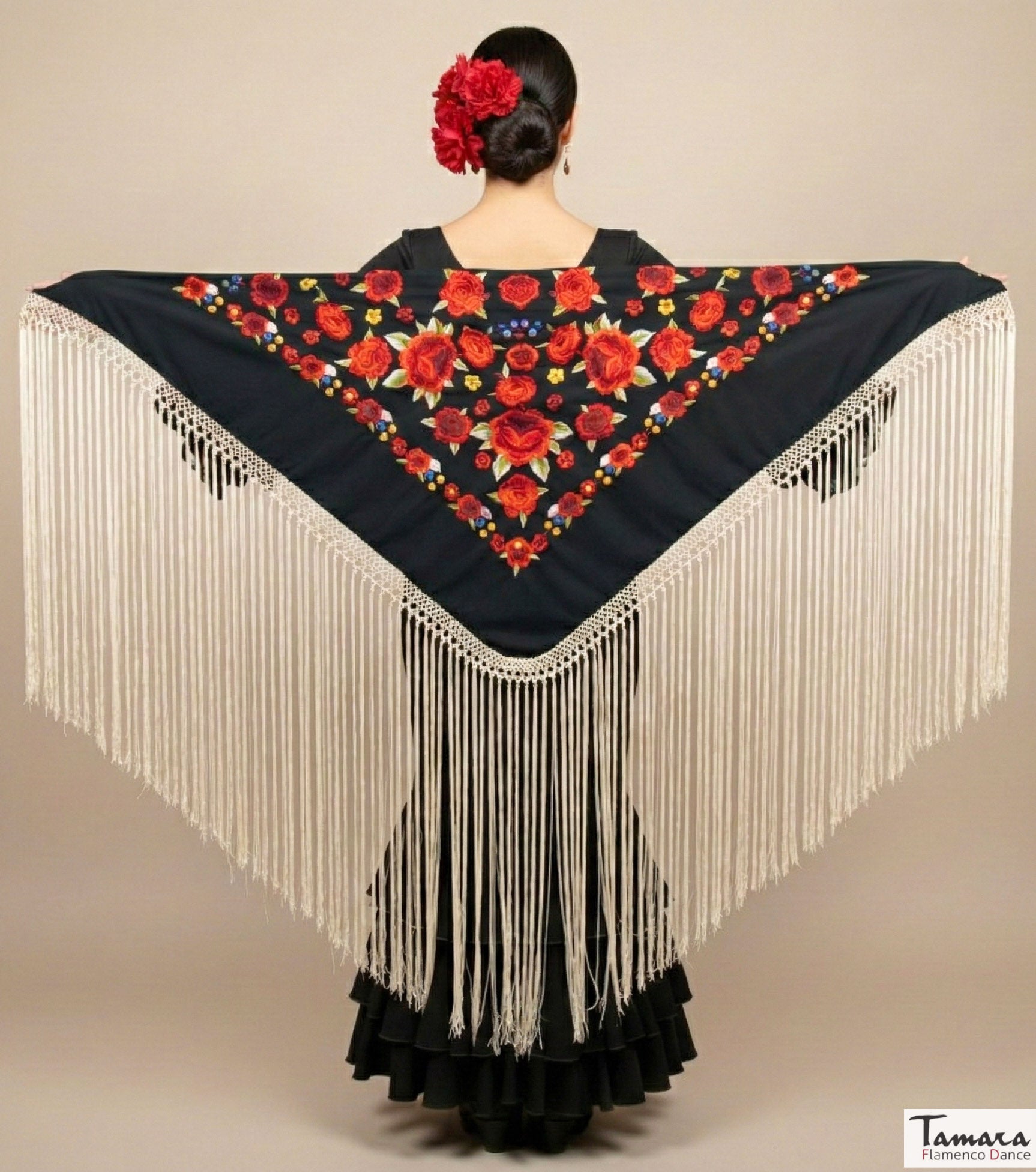 Mantoncillo Verona Fleco Marfil - Bordado Multicolor Negro