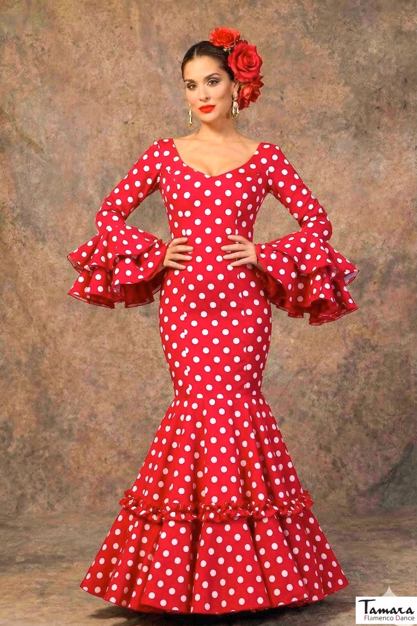 Traje de flamenca Candela Rojo lunares blancos