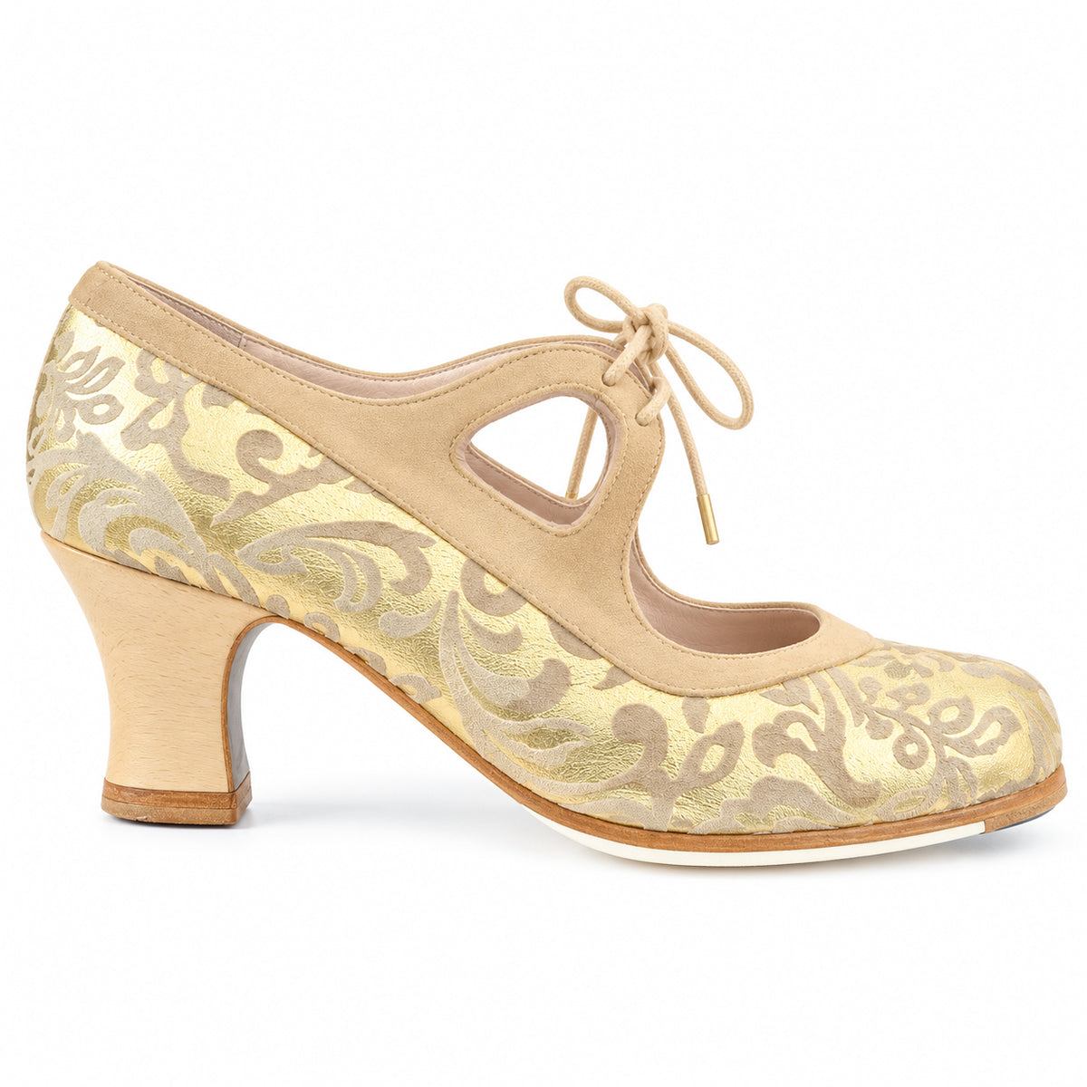 Zapato flamenco Candor Oro viejo-Beig Carrete 6cm Madera