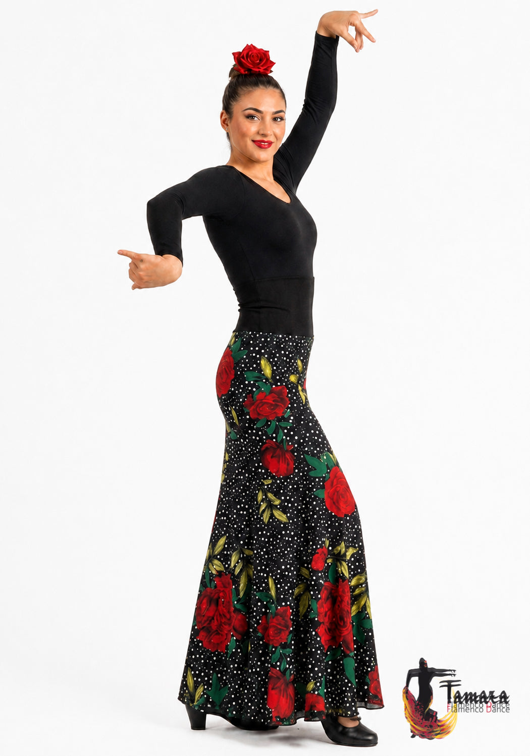Falda flamenco Cante - Punto Elastico Rosa Lunar pequeño Negro lunar blanco