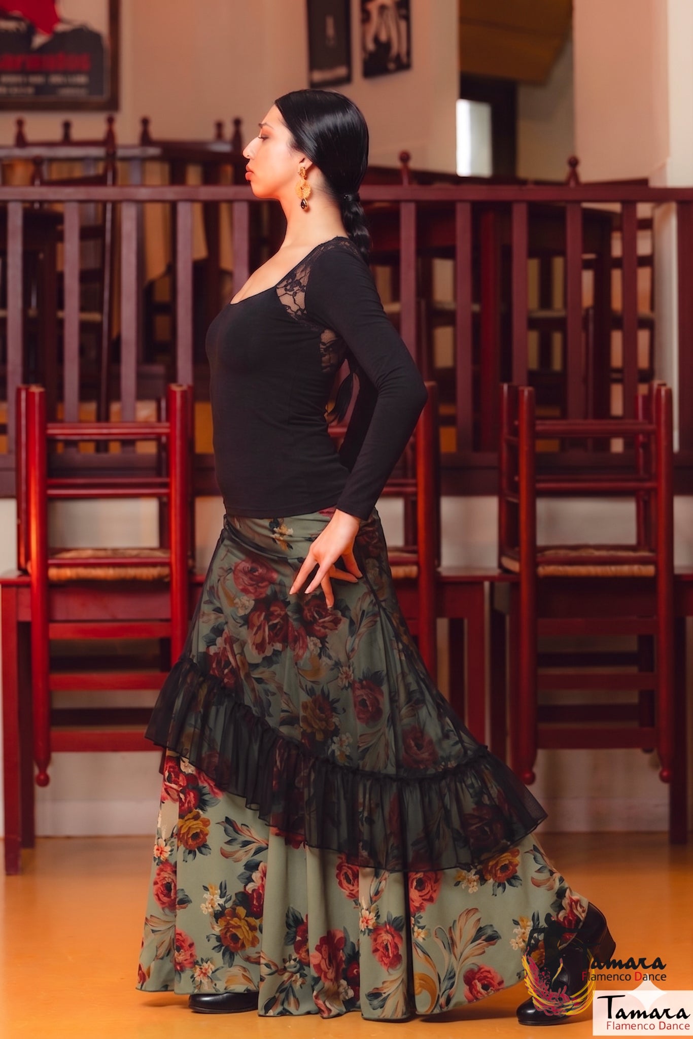 Falda flamenco Carmela - Tul y Punto elástico Floral fondo verde