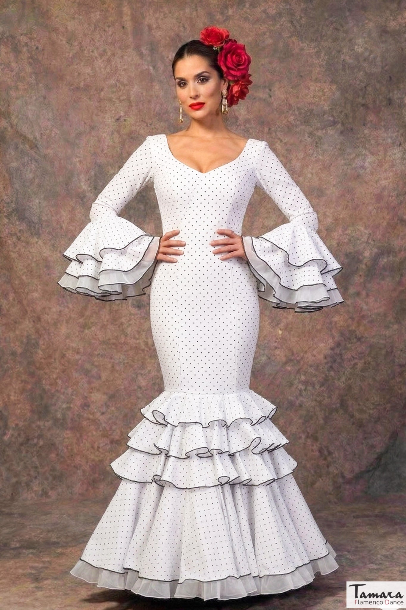 Traje de flamenca Clavellina Blanco lunares negros / Blanco