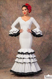 Traje de flamenca Clavellina Blanco lunares negros / Negro