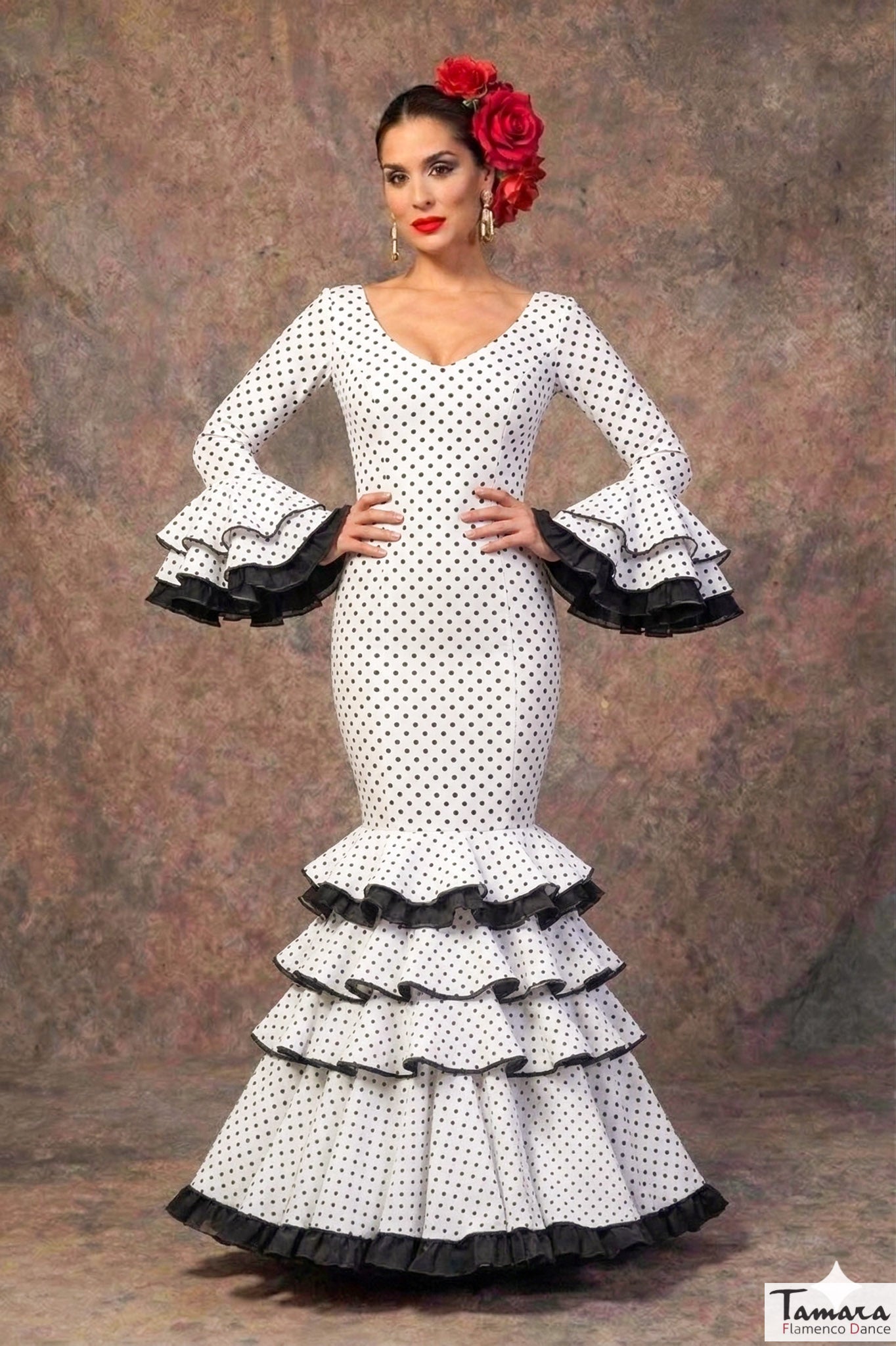 Traje de flamenca Clavellina Blanco lunares negros / Negro