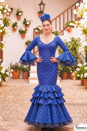 Traje de flamenca Clavellina Azulina lunares grandes azules