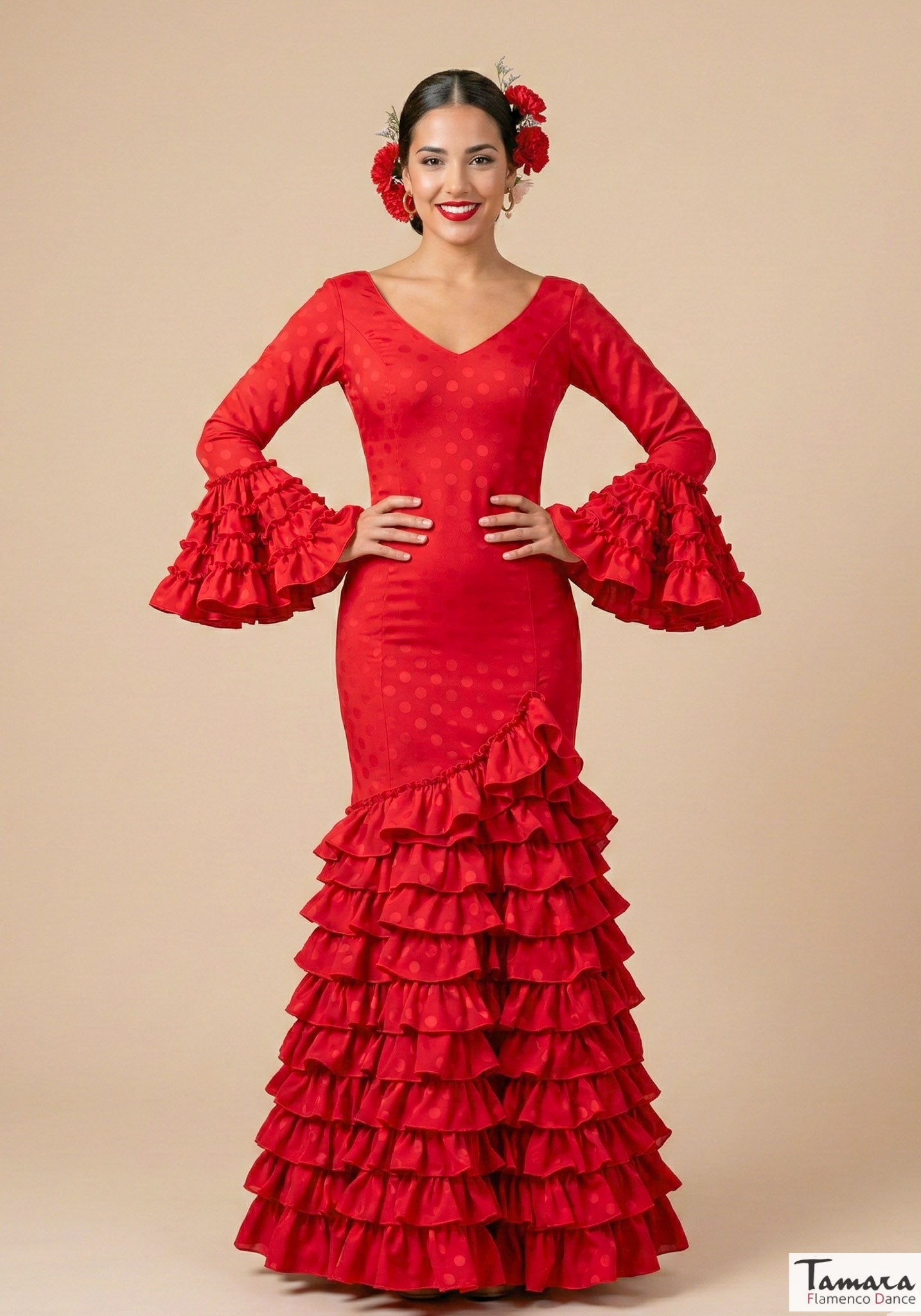 Traje de flamenca Clavellina Rojo lunares rojos